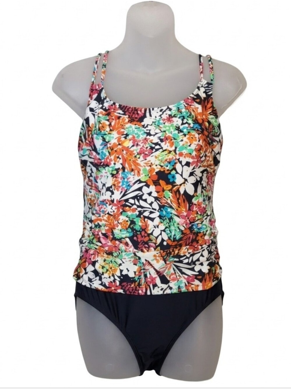 Christina Floral Tankini One Piece Swimsuit Womens Size 10 D Cup Navy Blue